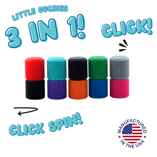 Five Little Ouchies 3-in-1 fidgets in two-tone color combinations, labelled click and click spin, manufactured in the USA