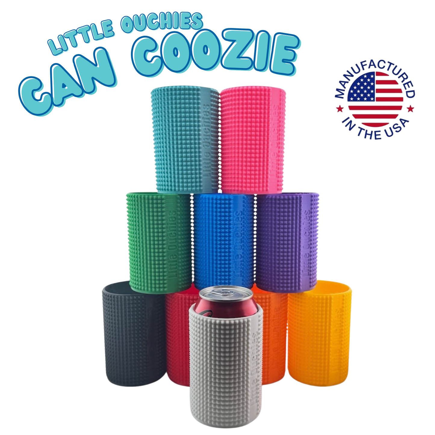 Little Ouchies Flex Can Coozies stacked in every color with a can seated in one, manufactured in the USA