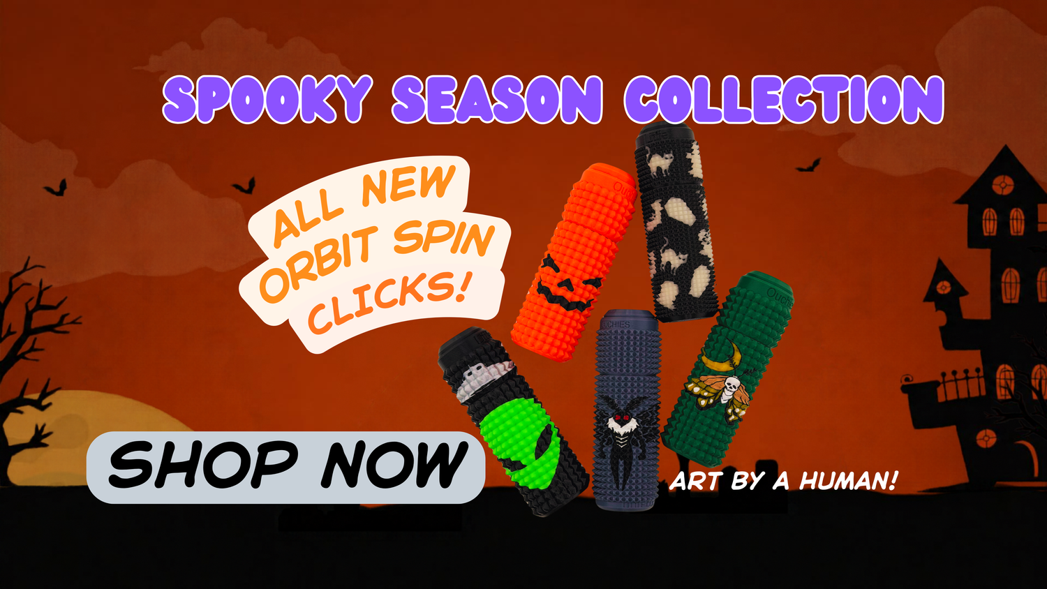 Spooky Season Collection - new Orbit Spin Click Halloween fidgets on a black and orange haunted house background