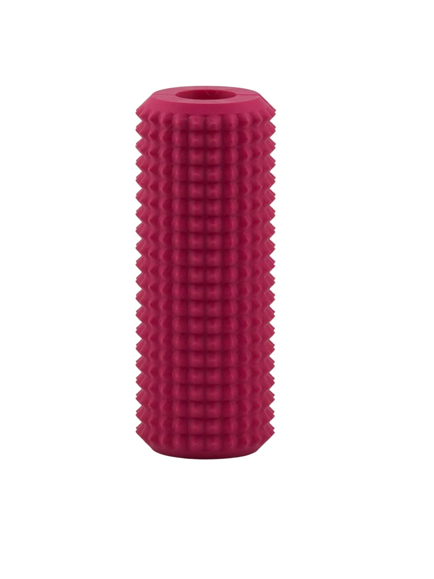Magenta Little Ouchies Tag Along strap clip sensory fidget, a textured bar that clips onto backpack and bag straps
