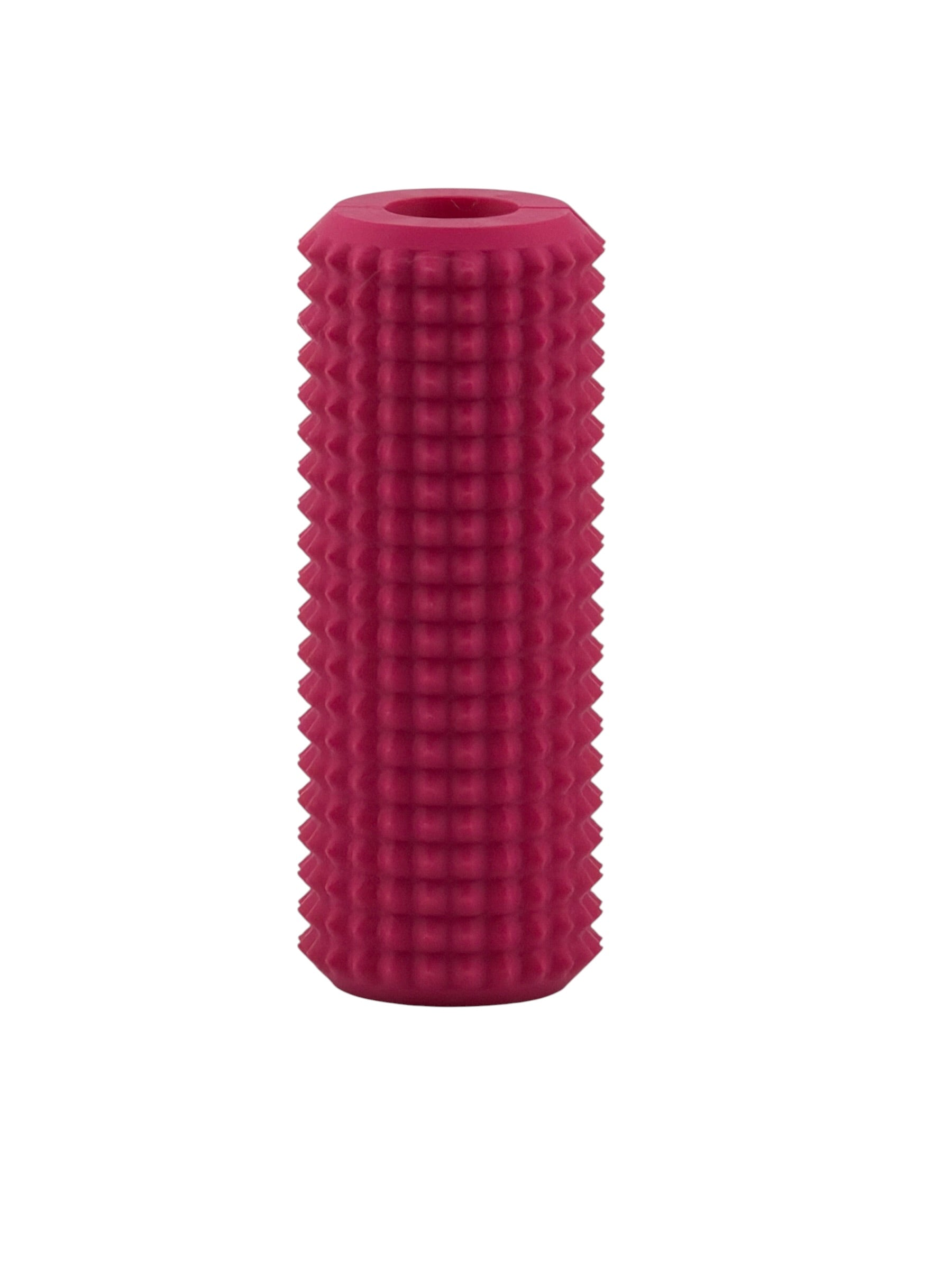 Magenta Little Ouchies Tag Along strap clip sensory fidget, a textured bar that clips onto backpack and bag straps