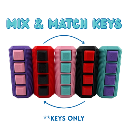 Little Ouchies Spikie Keytar Key Colors, Little Ouchies Spikie Keytar Keys set of 4, Little Ouchies Keytar for anxiety and stress, Little Ouchies for sensory regulation, Little Ouchies for self-soothing, pain stim fidgets, autism fidgets for adults, discrete fidget toys, fidget tools, pain stim tools, anxiety fidget, keychain-friendly fidget, multi-sensory fidget, clicking fidget, squeeze fidget, pressure fidget, Customized fidgets.
