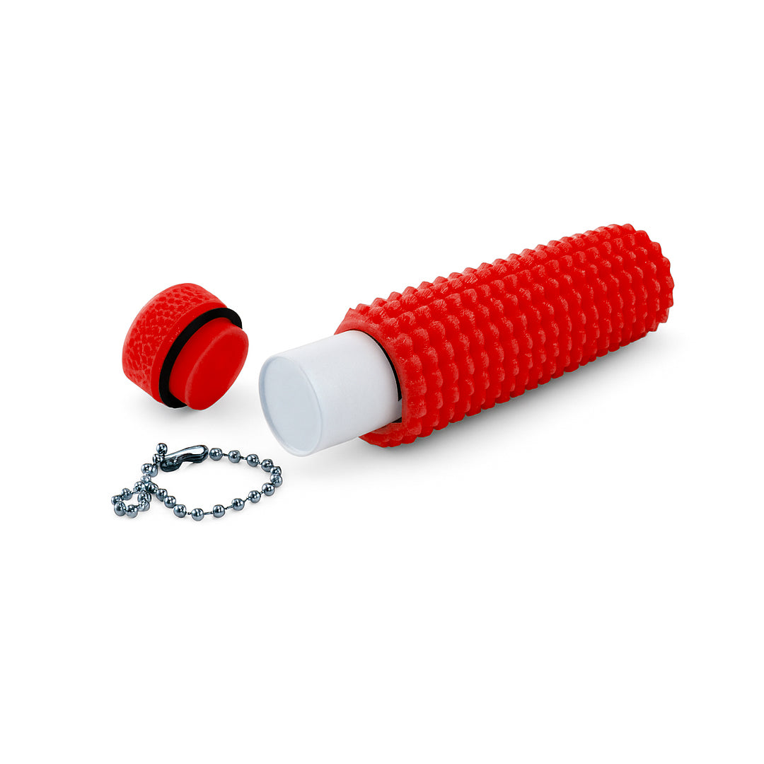 Little Ouchies Grippie Chapstick Holder shown in red, Little Ouchies Grippie Chapstick Holders are designed for pain stims, Little Ouchies Grippie Chapstick Holder for anxiety and stress, Little Ouchies for sensory regulation, Little Ouchies for self-soothing, pain stim accessories, autism fidgets for adults, discrete fidget toys, small fidgets 
