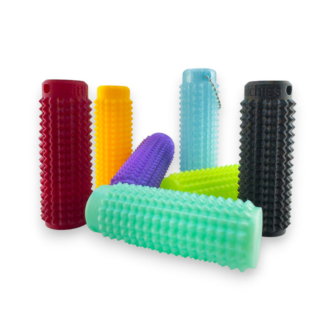 Little Ouchies Grippies shown in all colors from The Elixir Collection, Little Ouchies Grippies are designed for pain stims, Little Ouchies Grippies for anxiety and stress, Little Ouchies for sensory regulation, Little Ouchies for self-soothing, pain stim fidgets, autism fidgets for adults, discrete fidget toys 
