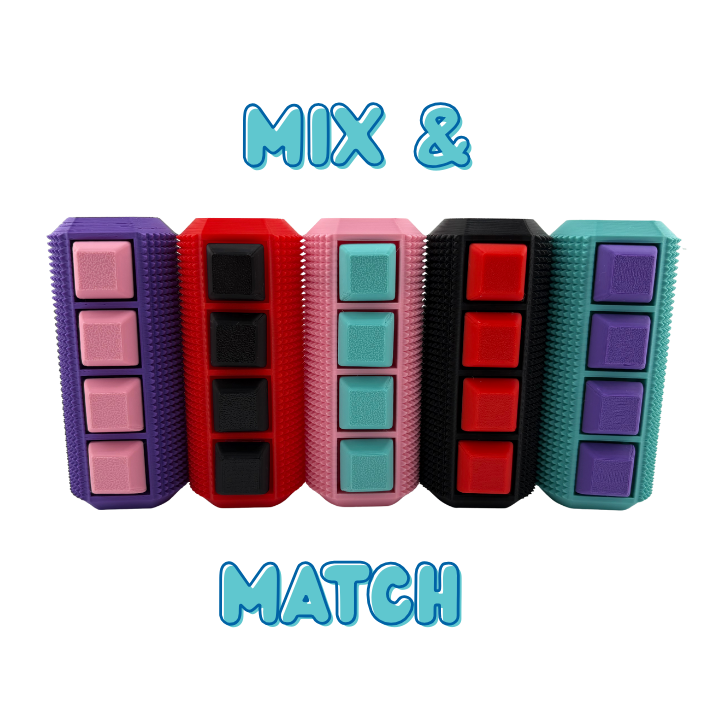 Little Ouchies Spikie Keytar Mix and Match Example, Little Ouchies Spikie Keytar, Little Ouchies Keytar are designed for pain stims, Little Ouchies Keytar for anxiety and stress, Little Ouchies for sensory regulation, Little Ouchies for self-soothing, pain stim fidgets, autism fidgets for adults, discrete fidget toys, fidget tools, pain stim tools, anxiety fidget, anxiety toy, keychain-friendly fidget, multi-sensory fidget, clicking fidget, squeeze fidget, pressure fidget, grippie fidget