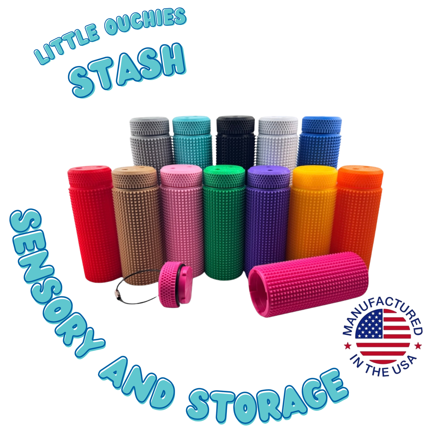 Little Ouchies Stash, the textured storage pod in the Back to School Bundle, shown in the full color range with one opened