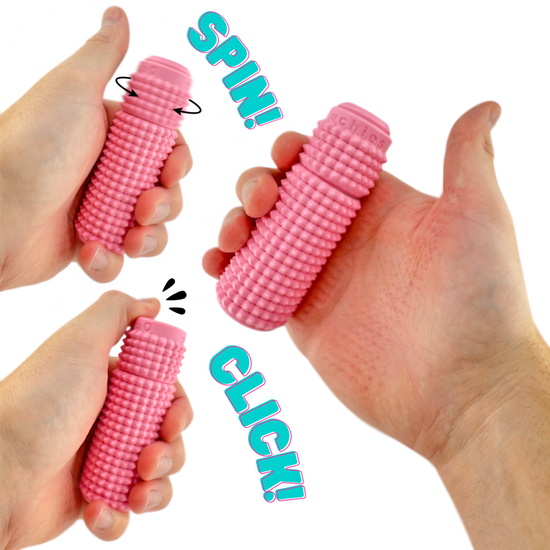 Little Ouchies Spin Click, Little Ouchies Spin Clicks designed for pain stims, Little Ouchies Spin Click for anxiety and stress, Little Ouchies for sensory regulation, Little Ouchies for self-soothing, pain stim fidgets, autism fidgets for adults, discrete fidget toys, fidget tools, pain stim tools, anxiety fidget, anxiety toy, keychain-friendly fidget, multi-sensory fidget, clicking fidget, squeeze fidget, spin fidget, fidget spinner 