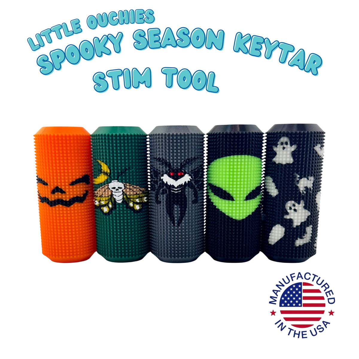 The Little Ouchies Spooky Season Keytar collection shown together, Halloween sensory fidgets with four keyboard-style clicking keys