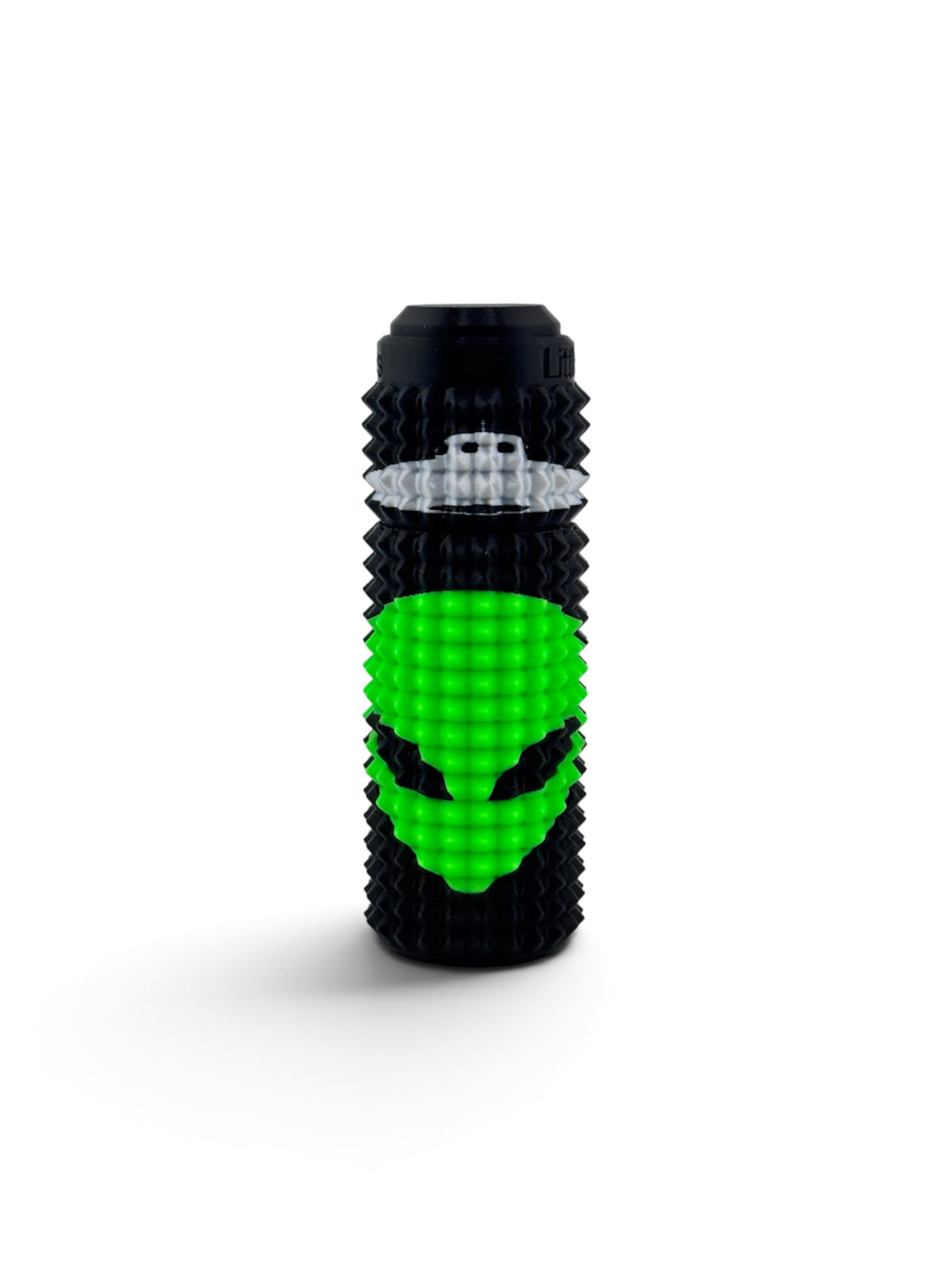 Alien Abduction Orbit Spin Click, a green alien face on black with a white UFO circling the spinner