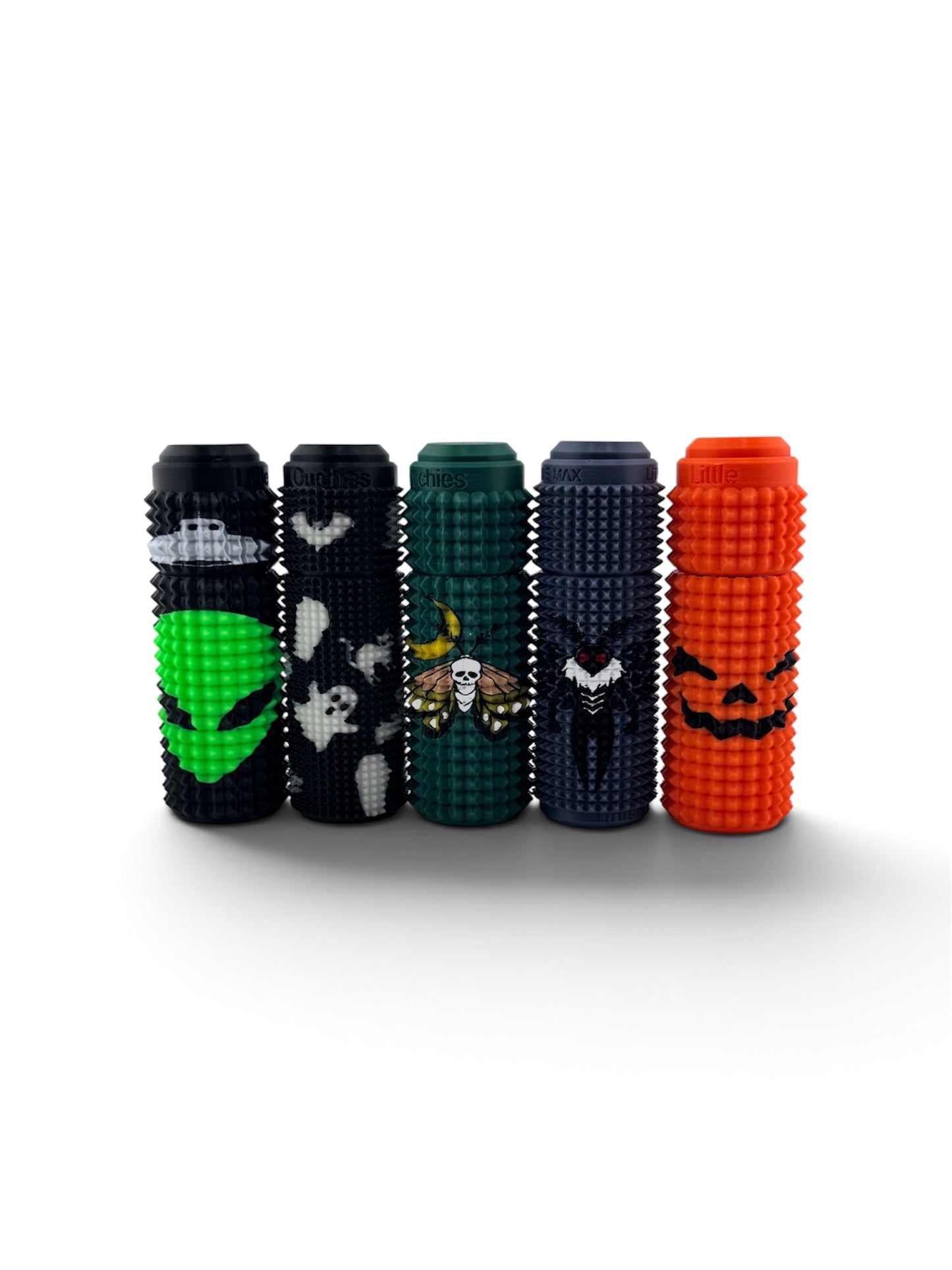 All five Spooky Season Orbit Spin Click designs lined up, showing the textured grip on each
