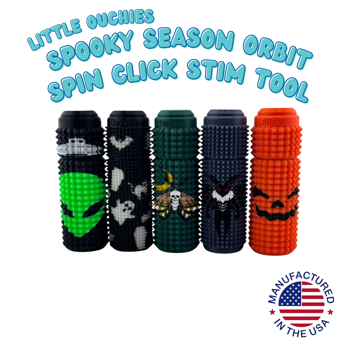 The five Spooky Season Orbit Spin Click designs together: alien, ghosts, Death's Head Moth, Mothman and jack-o'-lantern