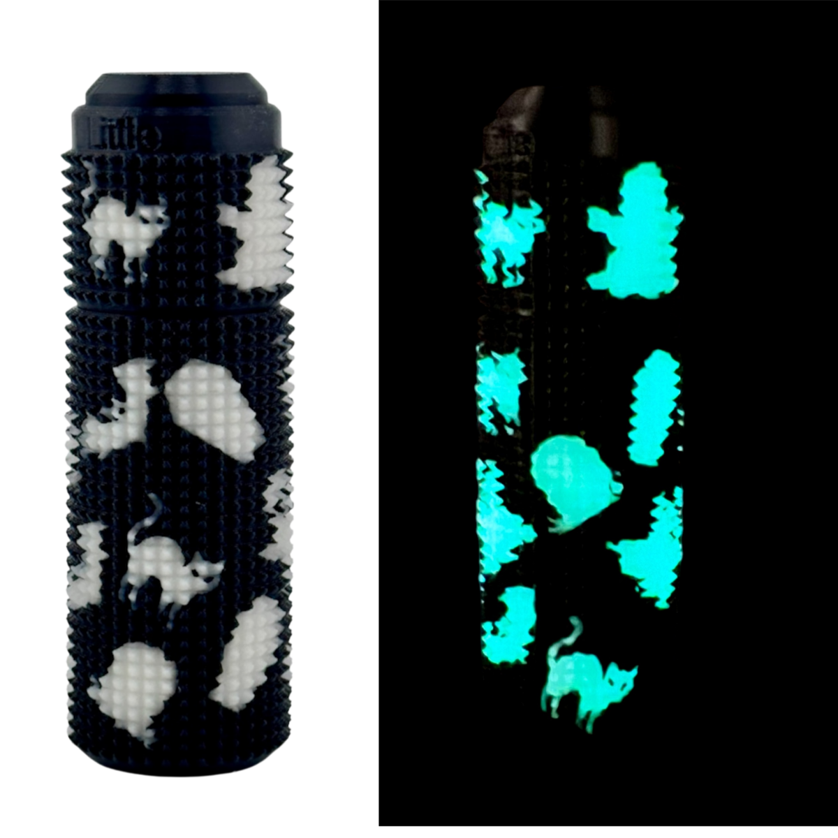 Graveyard Glow Orbit Spin Click shown in the light and in the dark, where the ghosts, cats and bats glow green
