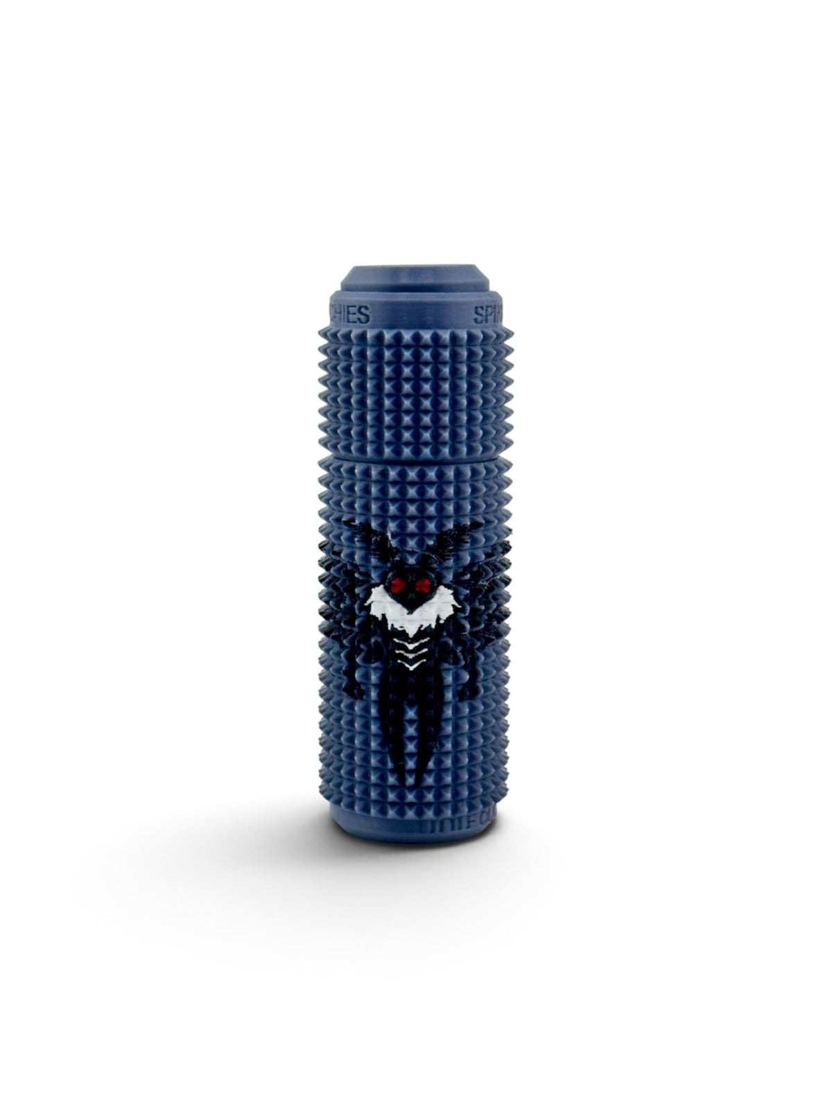 Mothman Orbit Spin Click, the red-eyed winged cryptid on navy blue with a sharp spiked texture