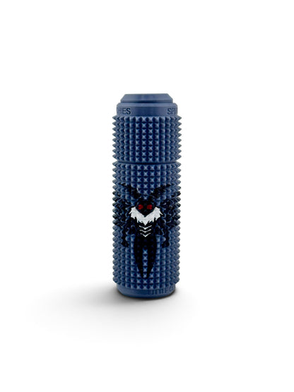 Mothman Orbit Spin Click, the red-eyed winged cryptid on navy blue with a sharp spiked texture