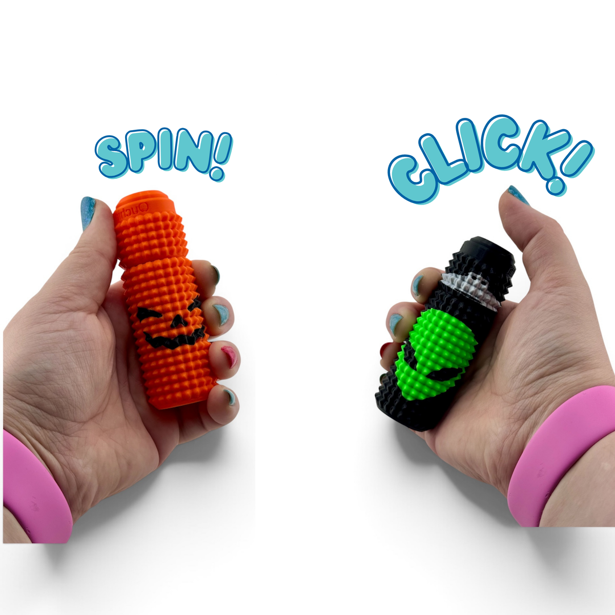Two hands holding Spooky Season Orbit Spin Clicks, showing the spin and the click actions